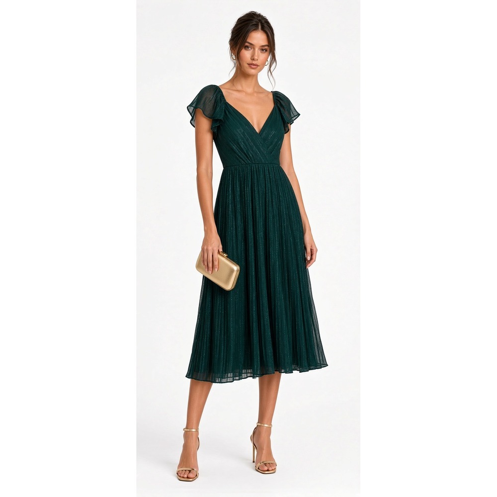 Lulus Standout Sophistication Emerald Lurex Flutter Sleeve Midi Dress M Green